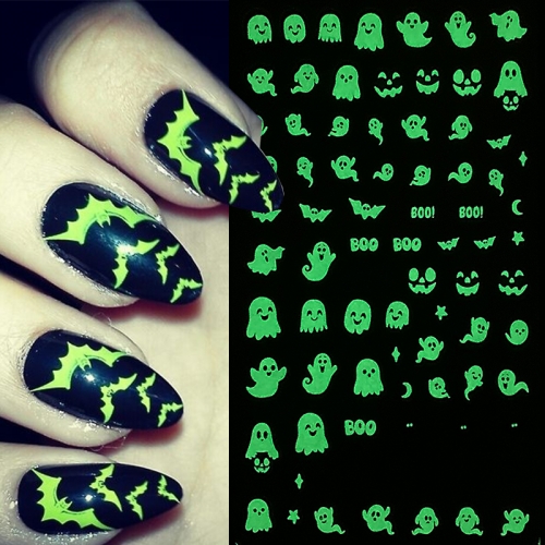 1Pcs Noctilucent Halloween Spider Web Ghost Nail Stickers White Black Cartoon Pattern Nail Art Slider DIY For Sweet Cool Girl Cute Nail Decoration