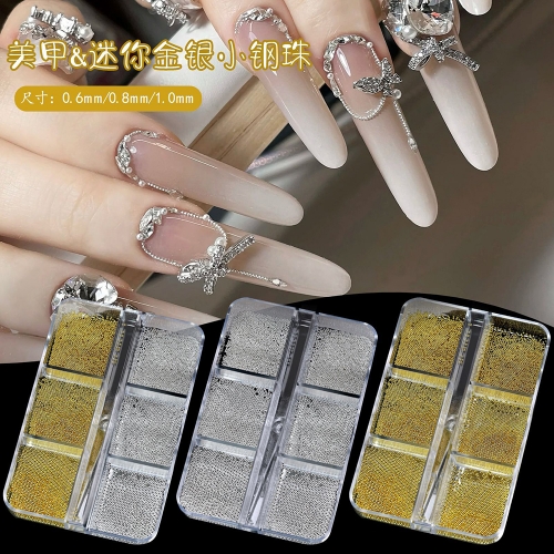 1Box Mini Caviar Gold Silver Mix Steel Metal Nail Bead 3D Mini Small Steel Micro Beads Mixed-Size Caviar Ball Nail Decoration