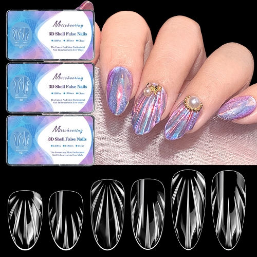 1Box 3D Shell Almond Shape False Nail Tips Soft Gel Fingertip Full Cover Medium Artificial Fake Nails Extension DIY Manicure Tools Nail Tips