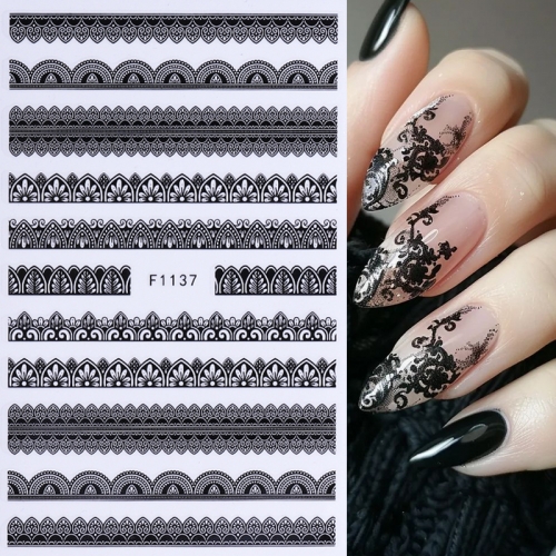 1Pcs Black White Retro Lace Soft Embossed Reliefs Self Adhesive Nail Art Decorations Stickers Nail Decals Nail Sticker