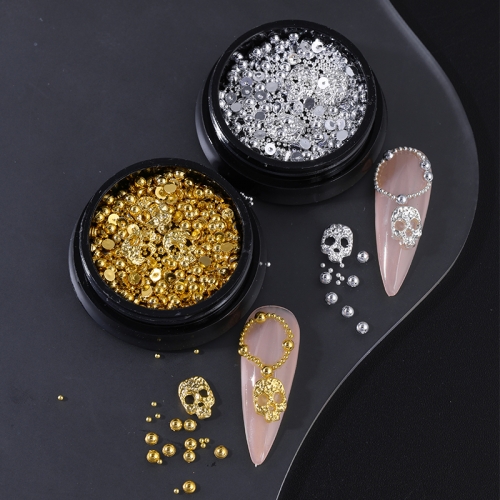2Jars/set Punk Alloy Skull Nail Art Charms Parts Pearl Steel Beads Nail Art Decoration for Halloween Manicure DIY Nails Supplies Nail Decoration