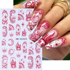 1Pcs Autumn Nail Art Stickers 3D Retro Red Sun Star Moon Line Sliders Design Bohemia Nail Decals Holographic Manicure Decoration Nail Sticker