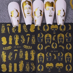 1Pcs Golden Nail Stickers Personalized Abstract Figure Face Leaves Self Adhesive Decal DIY Manicure Decor Sliders Nail Sticker
