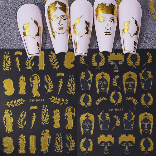 1Pcs Golden Nail Stickers Personalized Abstract Figure Face Leaves Self Adhesive Decal DIY Manicure Decor Sliders Nail Sticker