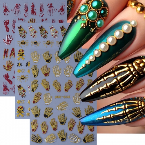 1Pcs 3D Embossed Nail Art Stickers Hallowmas Golden Spider Skull Adhesive Sliders Decals Decorations For Nail Tips Manicures Nail Sticker 