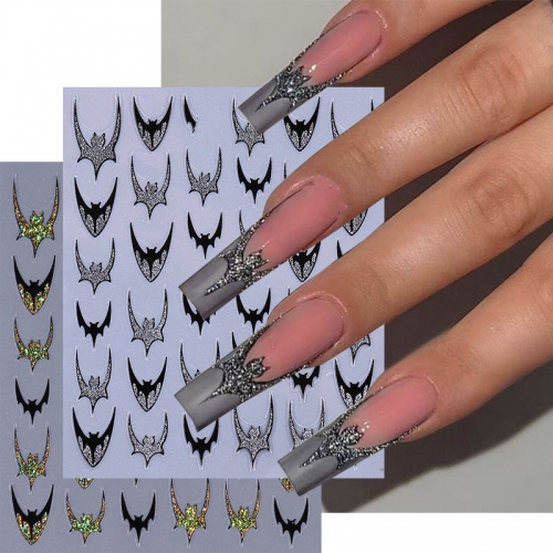 1Pcs Laser Silver Blue Halloween Bat Nails Art Stickers Glitter Holographic Gold Silver French Bat Design Adhesive Nail Decals Manicure Decor Nail Sti