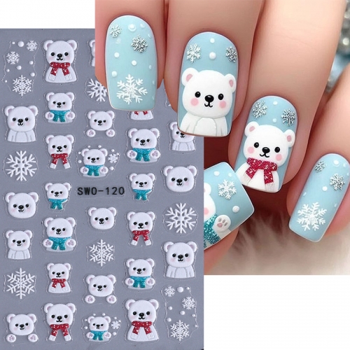 1Pcs Cartoon Santa Claus Snowman Nail Stickers Christmas Series Nail Art Decoration Relief Snowflakes Leaves Nail Sticker