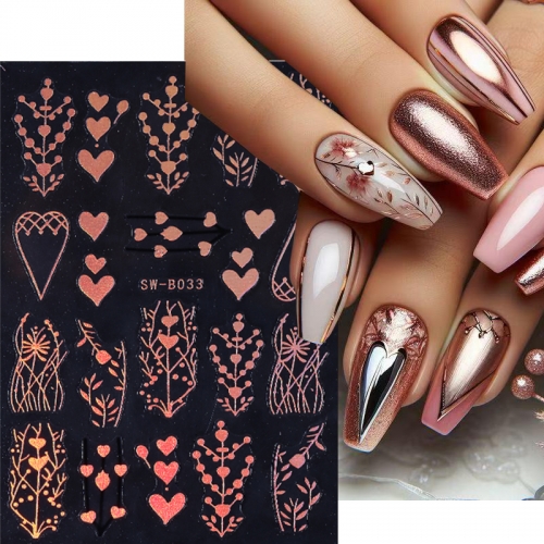 1Pcs Bronzing Flowers Nail Art Stickers Luxury Metal Gold Heart Petals Vine Line Geometry Nail Decals Manicure Decoration Slider Nail Sticker
