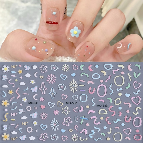 1Pcs 5D Dopamine Candy Color Nail Sticker Cute Hollow Love Heart Flower Irregular Line Design Nail Decals DIY Manicure Decoration Nail Sticker