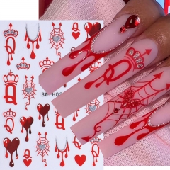 1Pcs Gothic Style Halloween Nail Stickers 3D Black Red Heart Spider Web Crown Adhesive Nail Decals Sliders Manicure Decoration Nail Sticker 