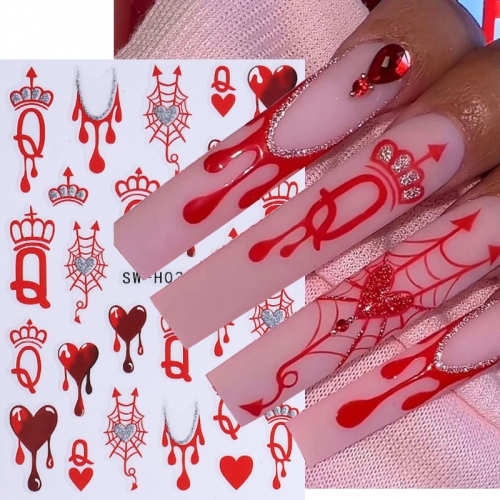 1Pcs Gothic Style Halloween Nail Stickers 3D Black Red Heart Spider Web Crown Adhesive Nail Decals Sliders Manicure Decoration Nail Sticker 