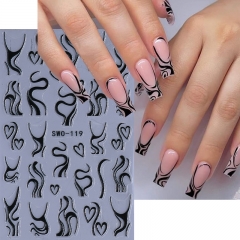 1Pcs Black White Swirls Line Nail Stickers French Abstract Line Heart Self-Adhesive Slider Nail Decals Manicure Decor Accessories Nail Sticker