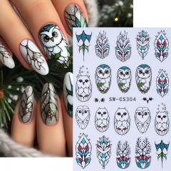 1Pcs Cartoon Owl Design Nails Stickers Silver Glitter Leaves Line Owl White Rose Self-Adhesive Nail Decals DIY Autumn Winter Manicure Decoration