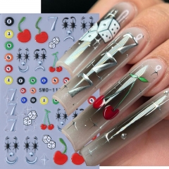 1Pcs Clown Designs Nail Stickers 3D Cute Cherry Black and White Bow Billiard Star Adhesive Nail Decals DIY Manicure Decoration Sliders Nail Sticker