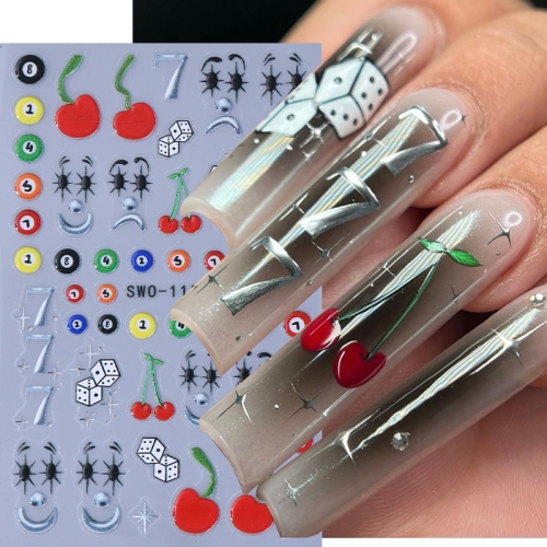 1Pcs Clown Designs Nail Stickers 3D Cute Cherry Black and White Bow Billiard Star Adhesive Nail Decals DIY Manicure Decoration Sliders Nail Sticker