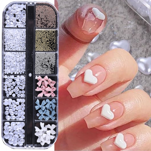1Box 12Grids Acrylic Mix Size Bowknot Pearl Nail Charms Mix Colors Set 3D Heart Nail Art Rhinestones Mixed Blossom Spring Gems DIY Nail Decoration