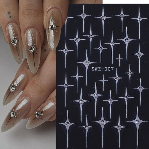 1Pcs Metal Silver Star Nail Sticker With Rhinestone Starburst Four-pointed Star French Line Nail Decal Slider Manicure Decor Nail Sticker