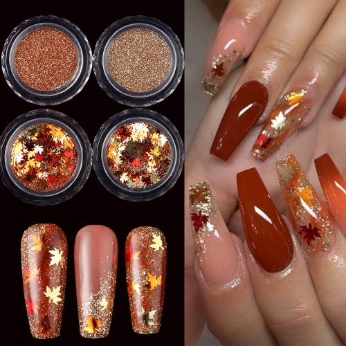 4jars/set Shiny Autumn Nail Glitter Yellow Maple Leaves Sequins Golden Brown Sugar Chrome Powder Dust Fall Winter Design Nail Decoration