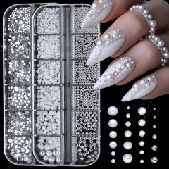 1Box 3D Pearls White Nail Flatback Beads Rhinestone Caviar Mix Sizes Nail Art Decoration For DIY Manicure Nail Decoration
