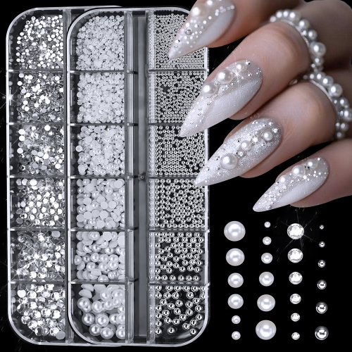 1Box 3D Pearls White Nail Flatback Beads Rhinestone Caviar Mix Sizes Nail Art Decoration For DIY Manicure Nail Decoration