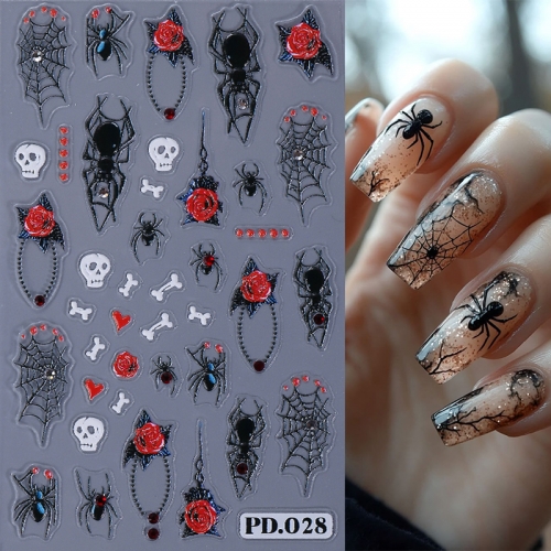 1Pcs Halloween Spider Web Nail Sticker With Rhinestone Clown Spider Skull Rose Design Slider Self-Adhesive Decals Nail Sticker