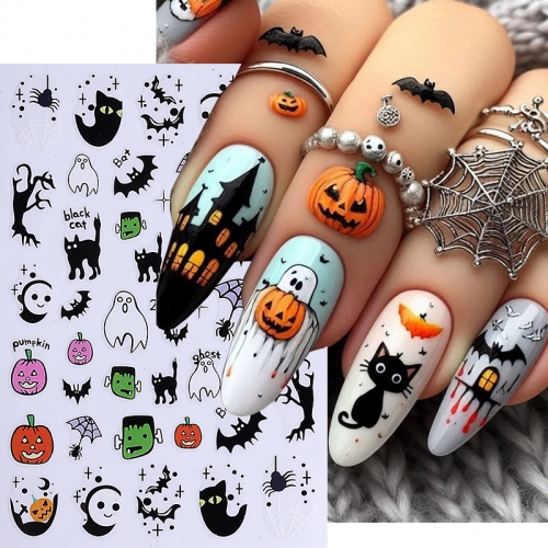1Pcs Cartoon Lovely Ghost Pumpkin Black Rose Skull Nail Art Stickers Maple Leaves Spider Self Adhesive Slider Gel Polish Decals Halloween Manicure