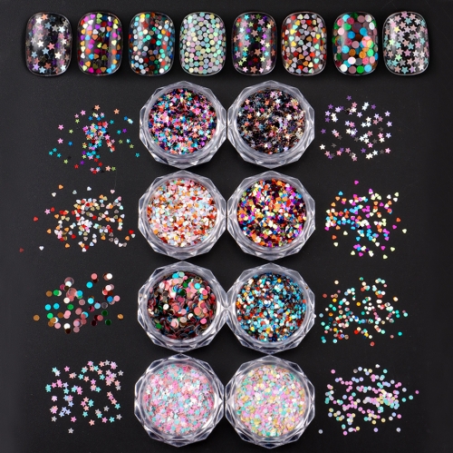 8jars/set Small Size Mixed Color Mini Color Hexagonal Round Heart Nail Glitter Flashing Nail Accessory Decoration Nail Sequin