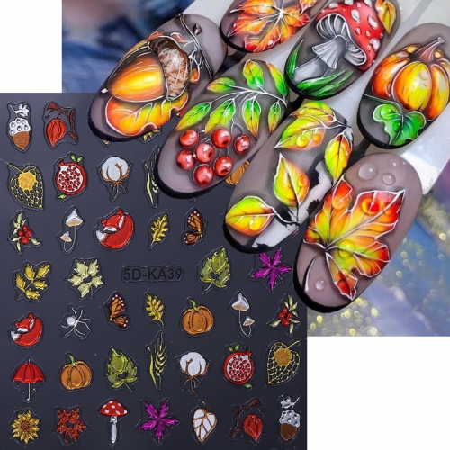 1Pcs Autumn Foxes Mushroom Maple leaves  Pumpkin Pinecone Ginkgo Leaf Self Adhesive Nail Art Stickers Butterfly Flower Manicure Decals Nail Sticker