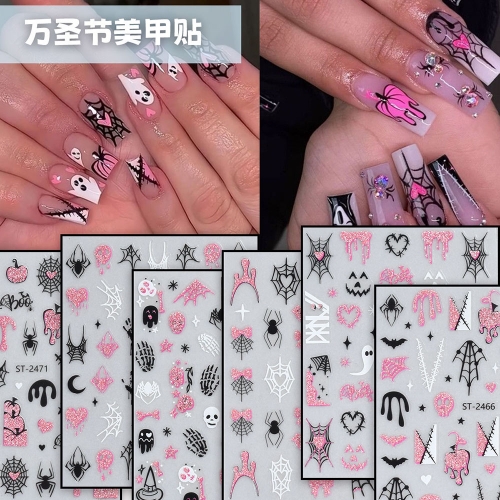 1Pcs Pink Cartoon Ghost Halloween Nail Sticker Cat Ghost Bat Spider Web Style Nail Decals DIY Winter Manicure Decoration Nail Sticker