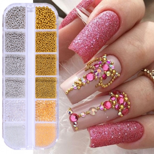 1Box Multi-Sizes Nail Art Steel Beads Mix Gold/Silver Mini Nail Round Beads Stones DIY Crafts For Nail Art 3D Accessories Nail Decoration