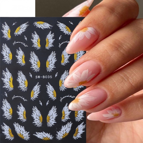 1Pcs 3D Laser Angel Wings White Gold English Letter Nail Art Sticker Demon Devil Dreamy Feather Phoenix Pearl Self Adhesive Manicure Decal Nail Sticke