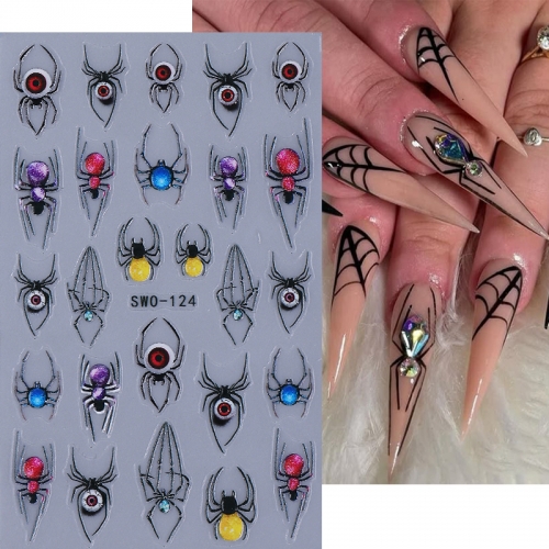 1Pcs 3D Halloween Nail Stickers Snowman Spider Devil's Eye Bow Self-Adhesive Design DIY Gel Polish Nail Sticker