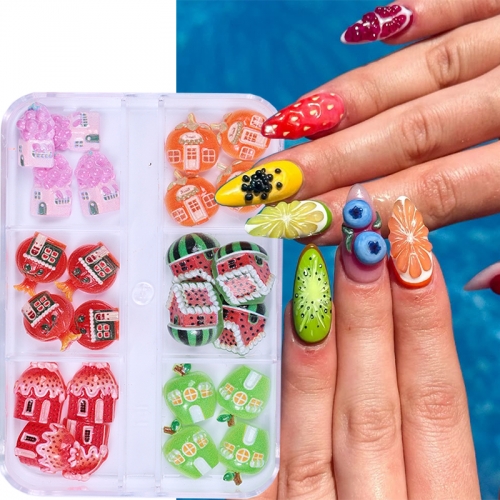 1Box Summer 3D Fruits Watermelon Grape Orange Strawberry Epoxy Resin Filling Mix Fruits DIY Nail Decoration
