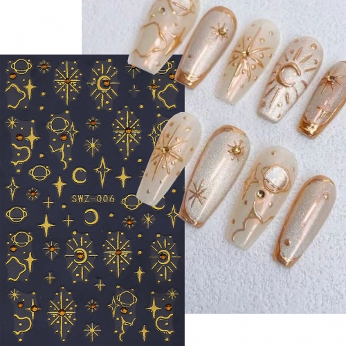 1Pcs Bronzing Nail Art Stickers With Rhinestone Star Moon Planet Sun Bohemian Adhesive Slider Nail Decals DIY Manicure Decoration Nail Sticker