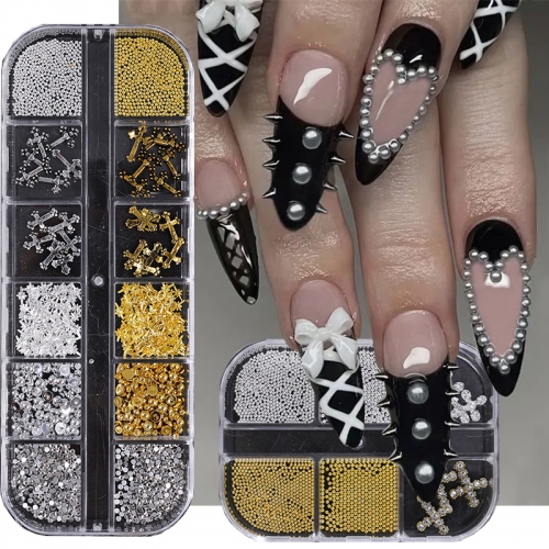 1Box Mix Size Metal Gold Silver Bead Nail Art Rhinestones Bead Mixed Size Cross Rivet For DIY Decoration Nail Decoration