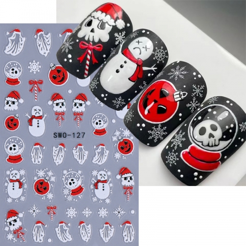 1Pcs Cartoon Christmas Nail Stickers Snowman Pumpkin Elk Bow Self-Adhesive Design DIY Gel Polish Nail Decal Manicure Decoration Nail Sticker