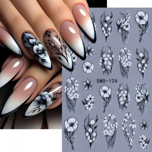 1Pcs Autumn Winter White Daisy Flower Nail Stickers Elegant Cherry Blossoms Leaves Heart Nail Decals DIY Self-Adhesive Slider Manicure Decoration