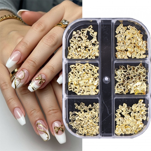 1Box Bows and Pearls Nails Gold Metallic Nail Sequins Charms 3D Nail Art Tips Decoration 3D Metal Nail Sticker