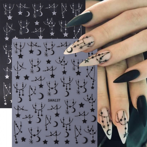 1Pcs Nail Stickers Silver Black Star Moon Chain Stripe Self-adhesive Nail Decals DIY Manicure Slider Decoration Nail Sticker