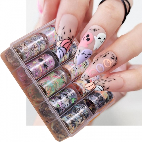 1Box Halloween Transfer Nail Foils Pumpkin Ghost Skull Stickers Decals Starry Sky Paper Nails Supplies Manicure Decoration Nail Sticker