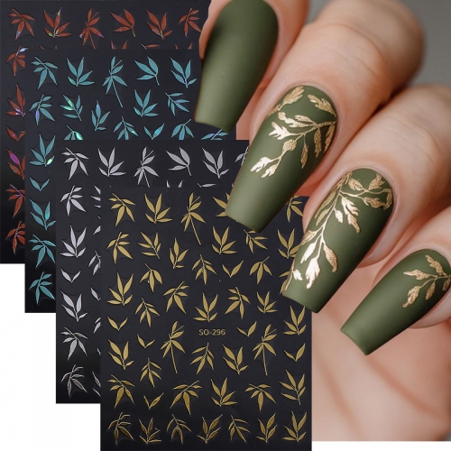 1Pcs Color Bamboo Leaf Design Nail Stickers Self-Adhesive Metallic Elegant Leaf Nail Decal for Manicure Decoration Nail Sticker