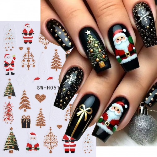1Pcs Winter Cartoon Christmas Nail Stickers Self-Adhesive Winter Glitter Santa Claus Snowflake Walnut Clips Nail Sticker
