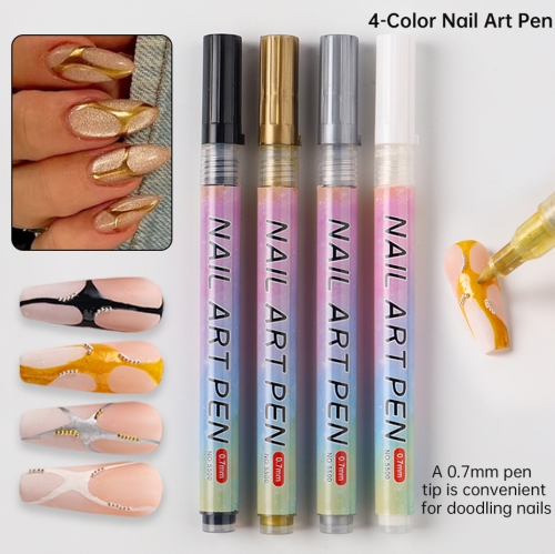 4pcs/Set Black White Nail Art Marker Pen Brush 0.7mm Graffiti Drawing Line Wave Flower Pattern Painting Pen Manicure Tools