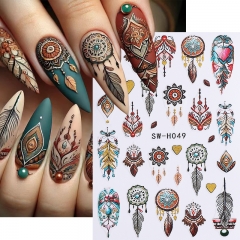 1Pcs Bohemian Nail Sticker Heart Dreamcatcher Retro Petals Design Adhesive Nail Decal DIY Manicure Slider Decoration Nail Sticker
