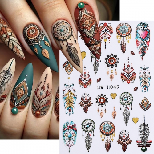 1Pcs Bohemian Nail Sticker Heart Dreamcatcher Retro Petals Design Adhesive Nail Decal DIY Manicure Slider Decoration Nail Sticker