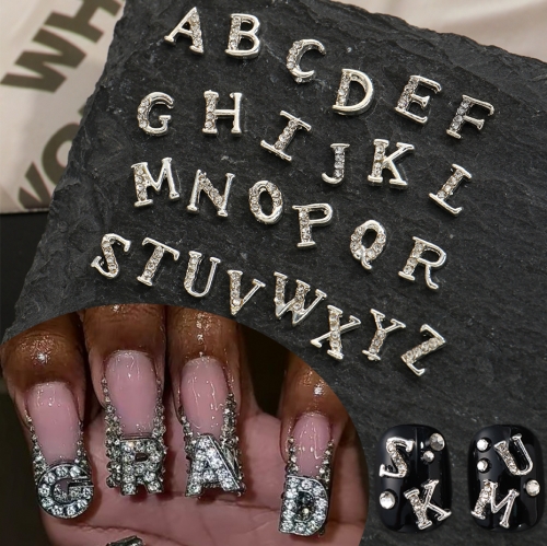 50pcs/bag Silvery Diamond Letter Nail Art Charms 3D Alloy Shiny AB Diamond A-Z English Alphabet Nail Rhinestones DIY Nail Decoration
