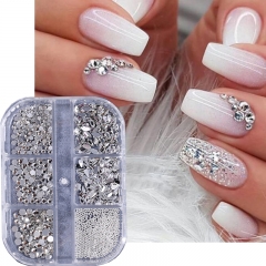 1Box 3D Clear Nail Art Rhinestones Diamond Shapes Mix Size Metal Round Diamond Nail Charms DIY Nail Art Decoration