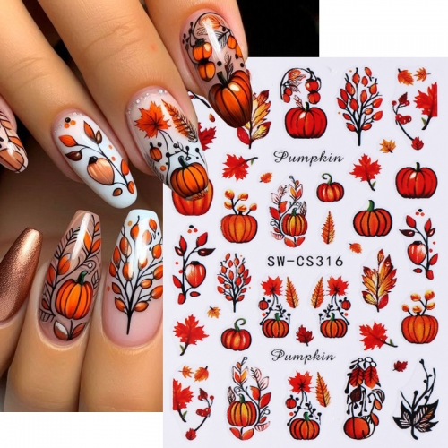 1Pcs Thanksgiving Autumn Pumpkin Nail Stickers 3D Maple Leaf Pine Fruit Flower Self-Adhesive Nail Decals DIY Thanksgiving Nail Sticker