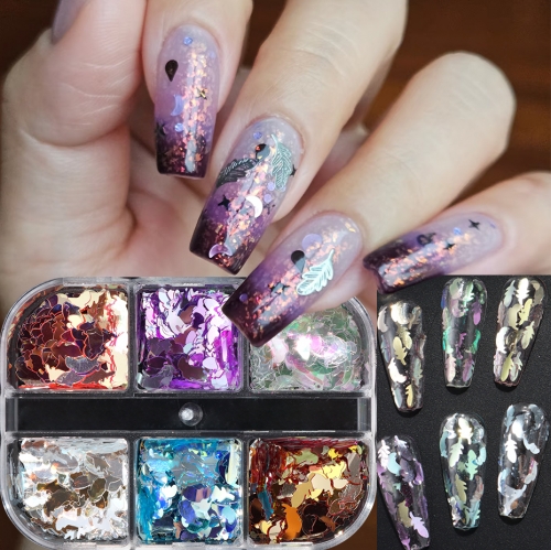 1box Sparkly Holographic Champagne Golden Feather Glitter Sequins Mini-shaped Cute Feather Paillette Flakes for Nail Decor