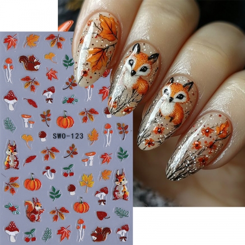1pcs Nail Art Stickers Autumn Squirrel Pinecone Maples Leaves Adhesive Sliders Nails Decals Decorations For Manicures
